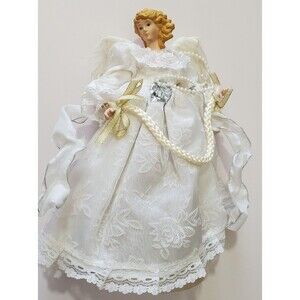 Vintage Angel Tree Topper Porcelain White Lace Feathers Pearls 11" Christmas